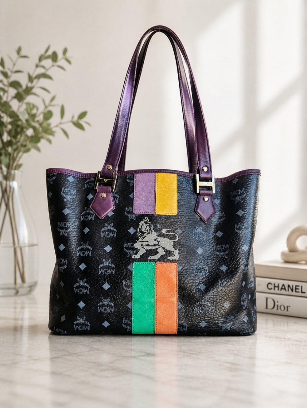 MCM Lion Visetos Multicolor Logo Tote Shoulder Bag With COA